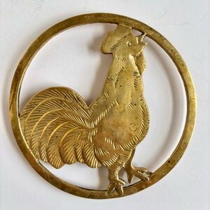 Vintage Brass Rooster Trivet 6” Round Kitchen Decor